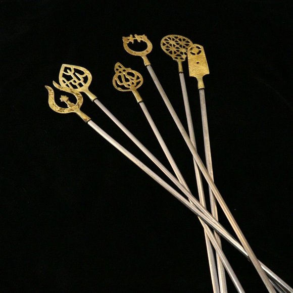SOLD-6 Vintage 1960's Turkish Stainless Steel & Brass Shish Kebab Skewers, - Picture 10 of 11